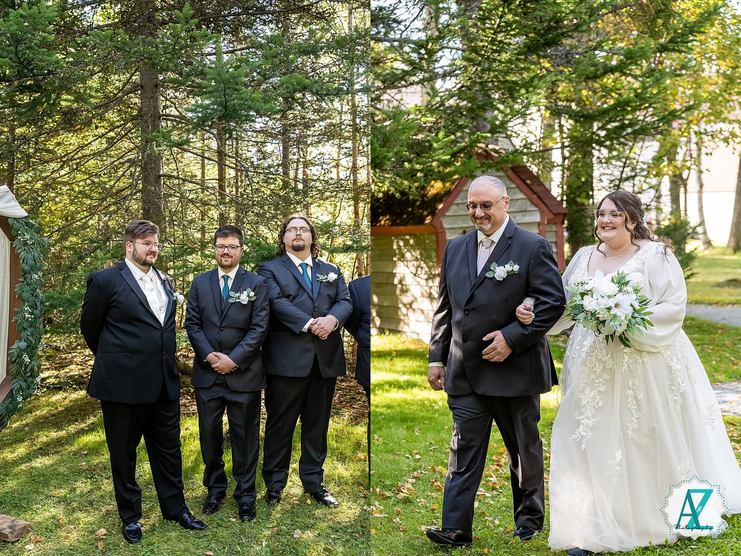 Wedding party stands together outdoors in front of evergreen trees during a sunny afternoon ceremony.