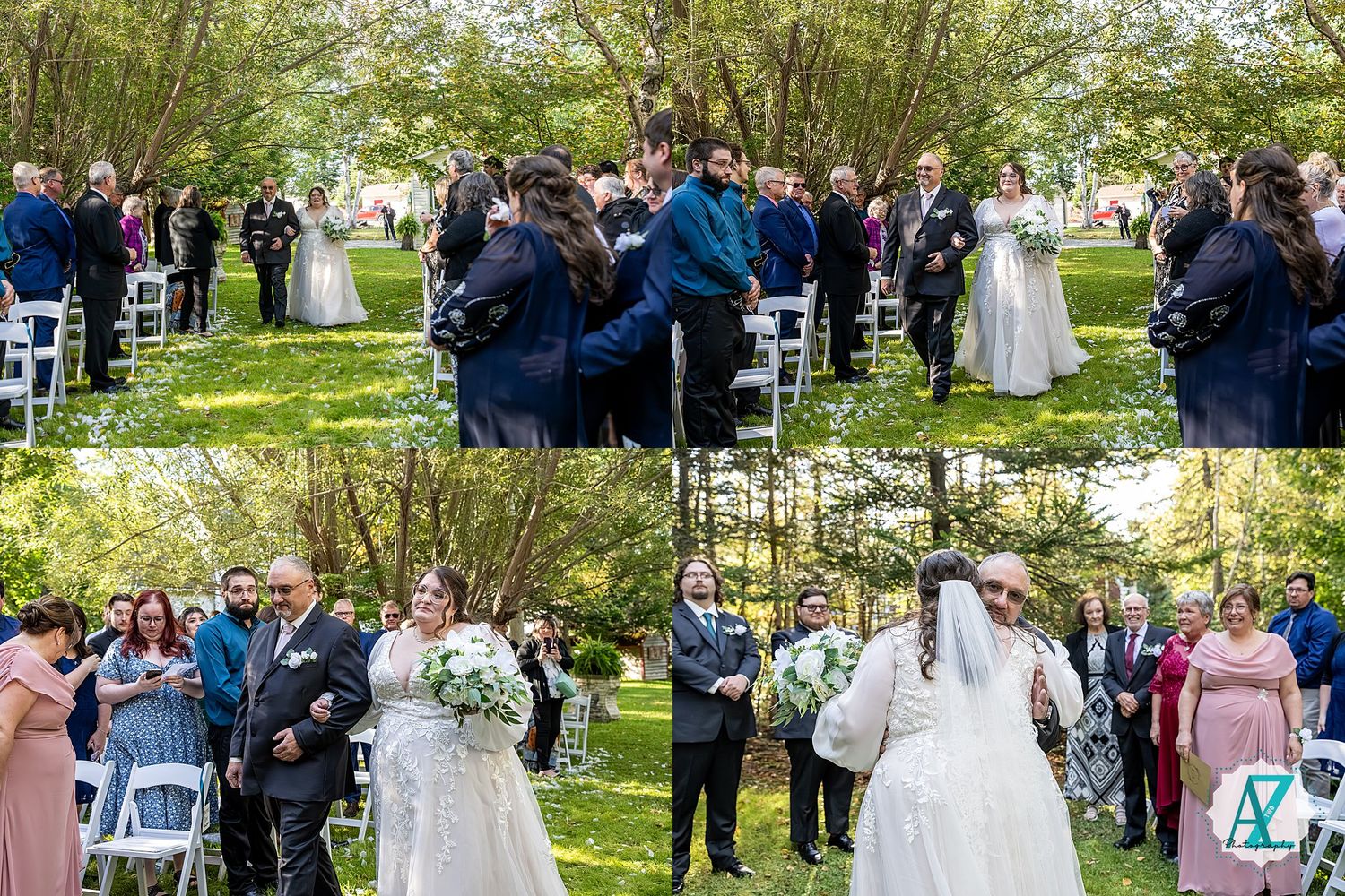 Wedding ceremony guests gather outdoors in a lush garden setting with white chairs and natural greenery.