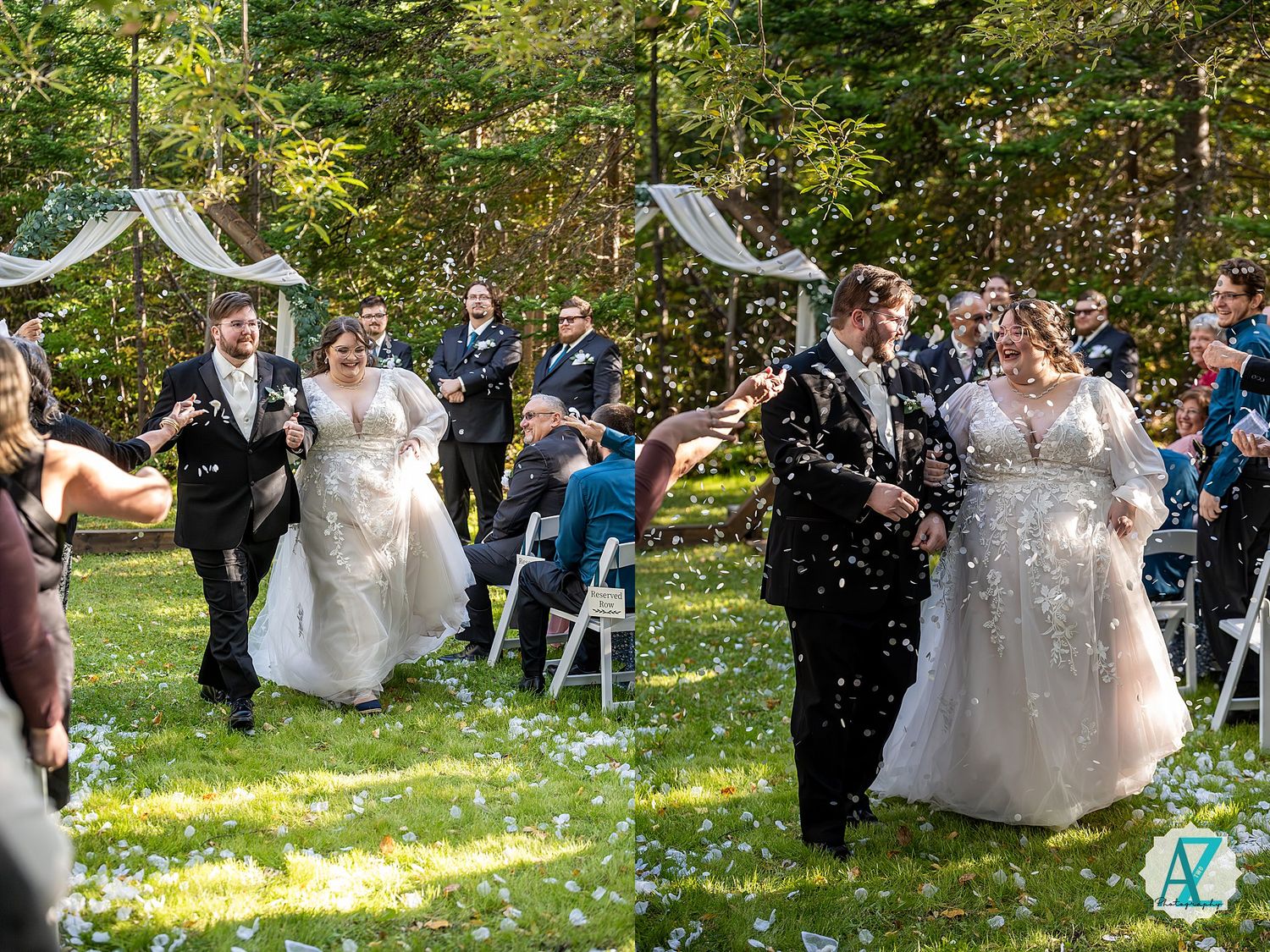 Wedding guests gather in a wooded outdoor setting beneath decorative white arches for a forest ceremony.