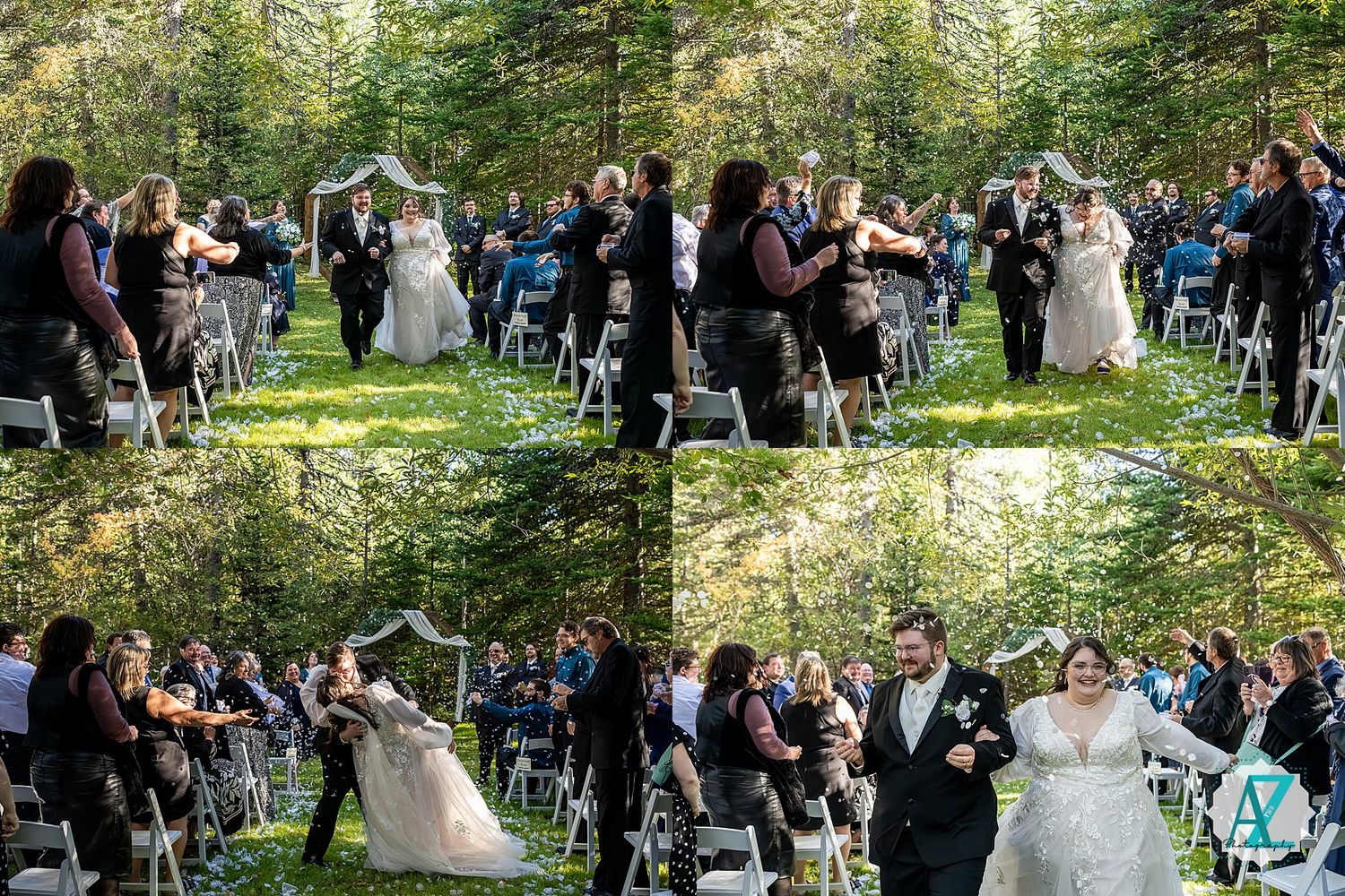 Outdoor wedding ceremony in a lush forest setting with guests gathered around on a sunny day.