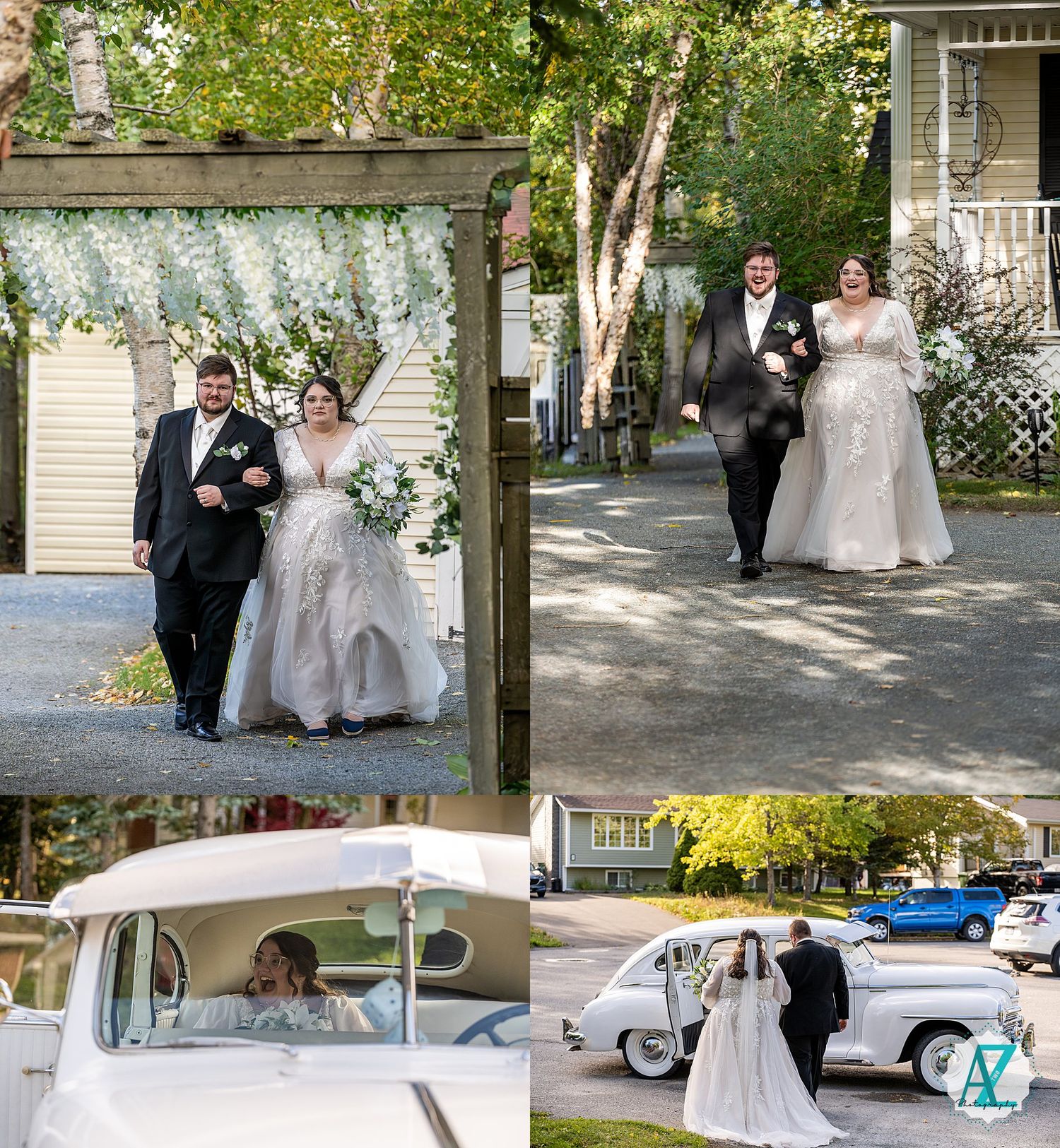 A collection of wedding photos arranged in a grid showing outdoor ceremony and reception moments.