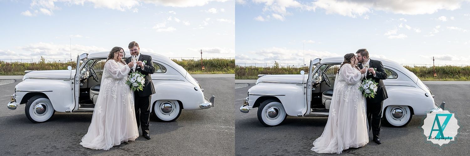 Classic vintage white car serves as elegant backdrop for wedding couple's romantic portraits at sunset.