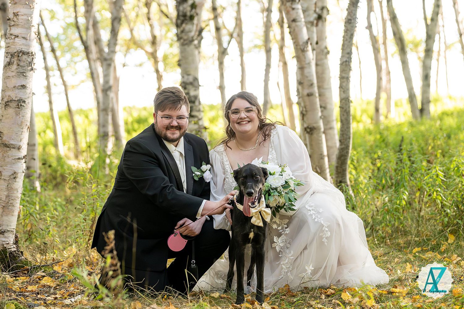 A romantic wedding photoshoot among white birch trees in a sunlit forest setting.