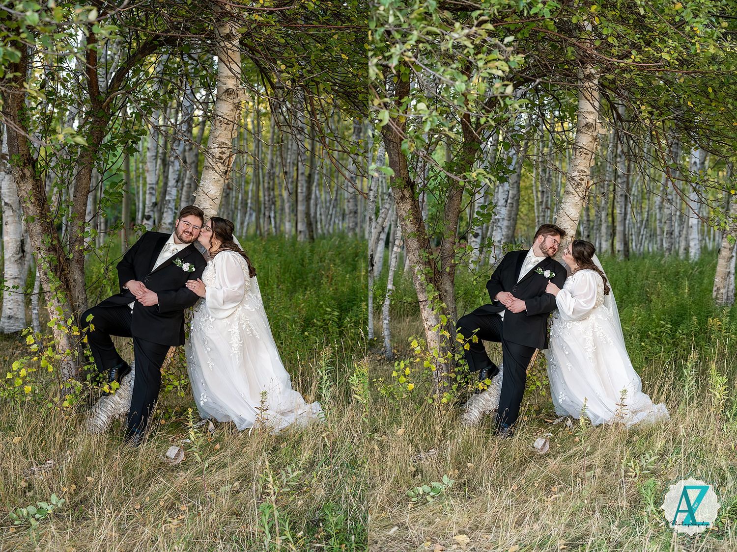 A romantic wedding photo collage showing five tender moments between a couple in a wooded outdoor setting.