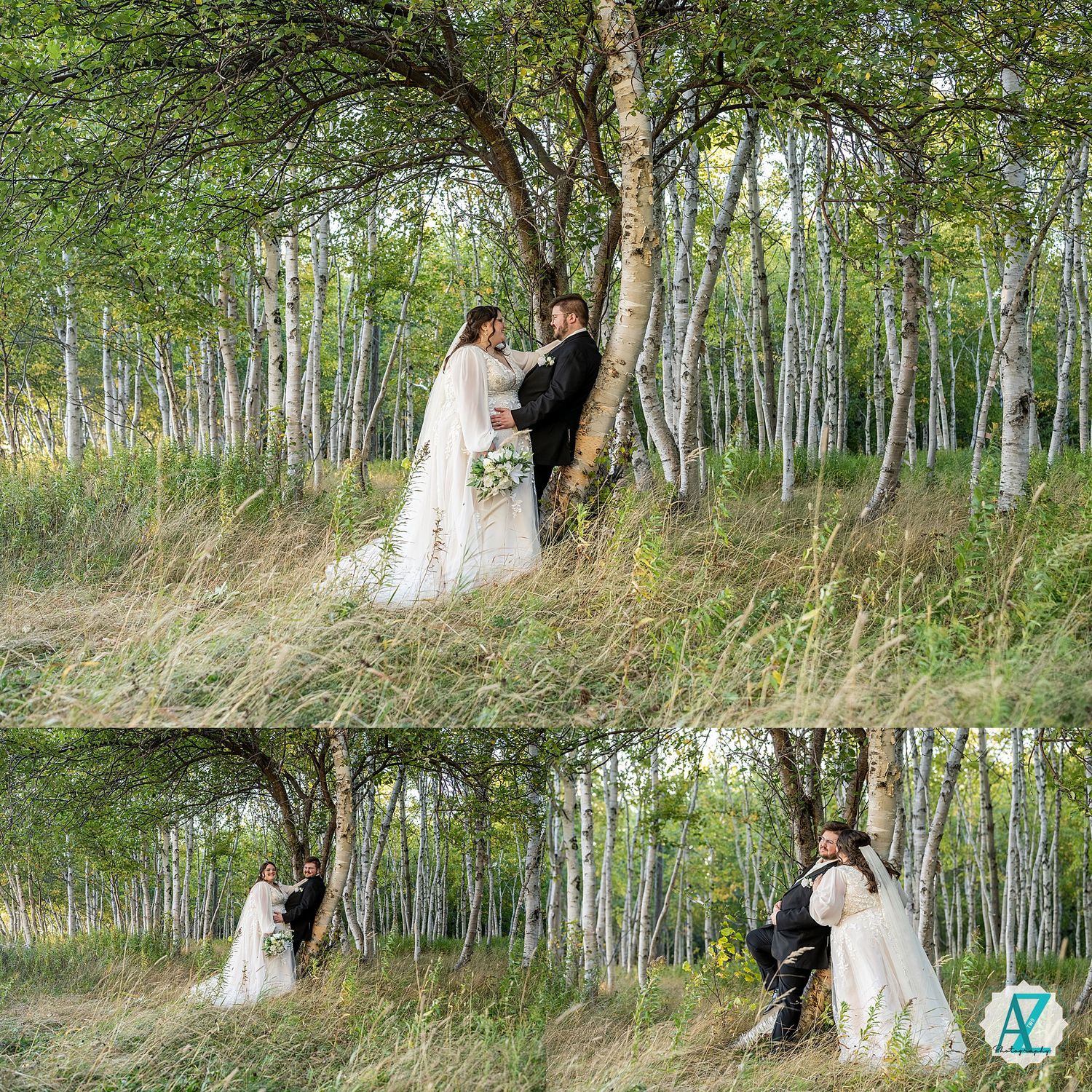 Elegant wedding photography sequence captured in a scenic aspen grove with natural lighting.