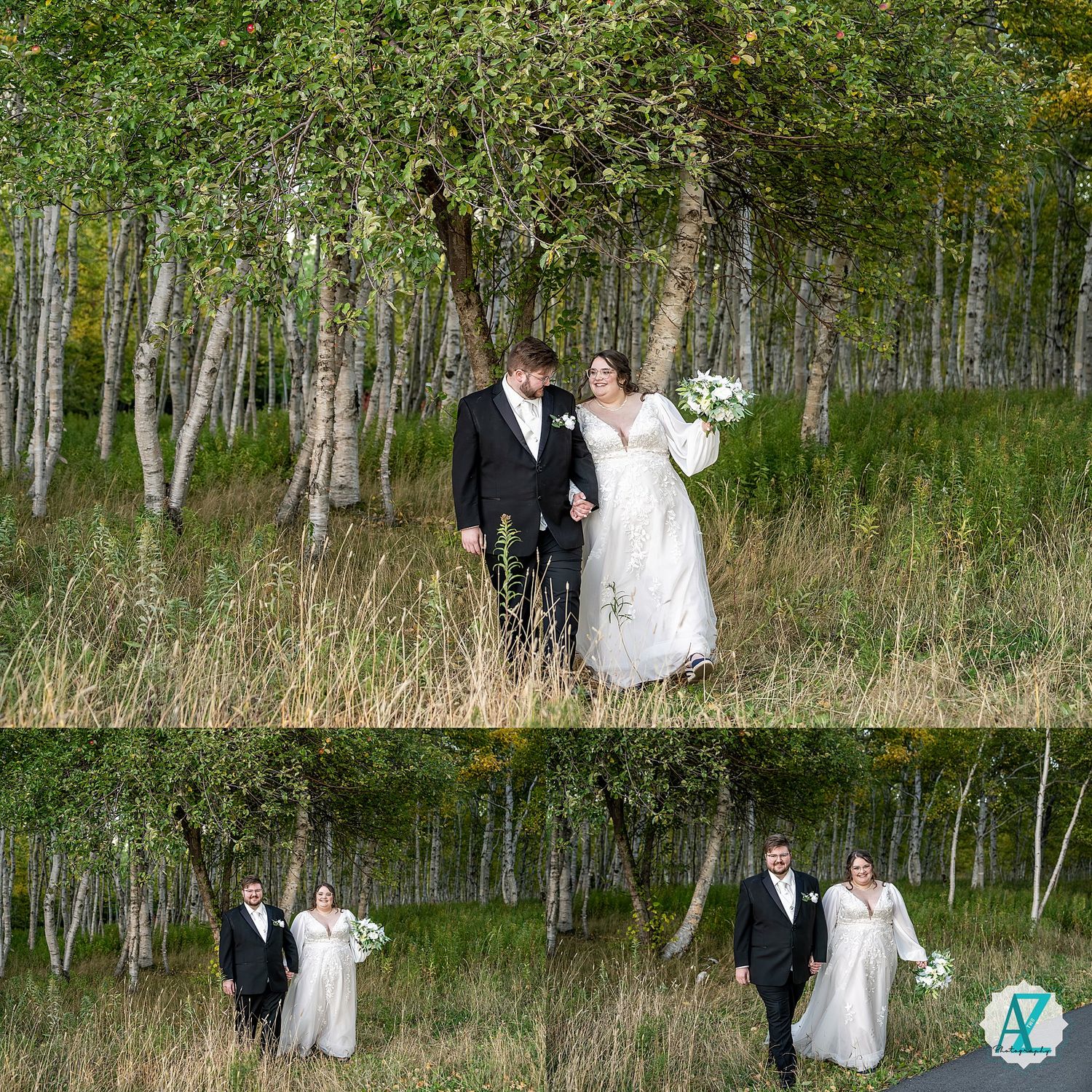 A couple shares a romantic moment in a birch forest during a wedding photo session.