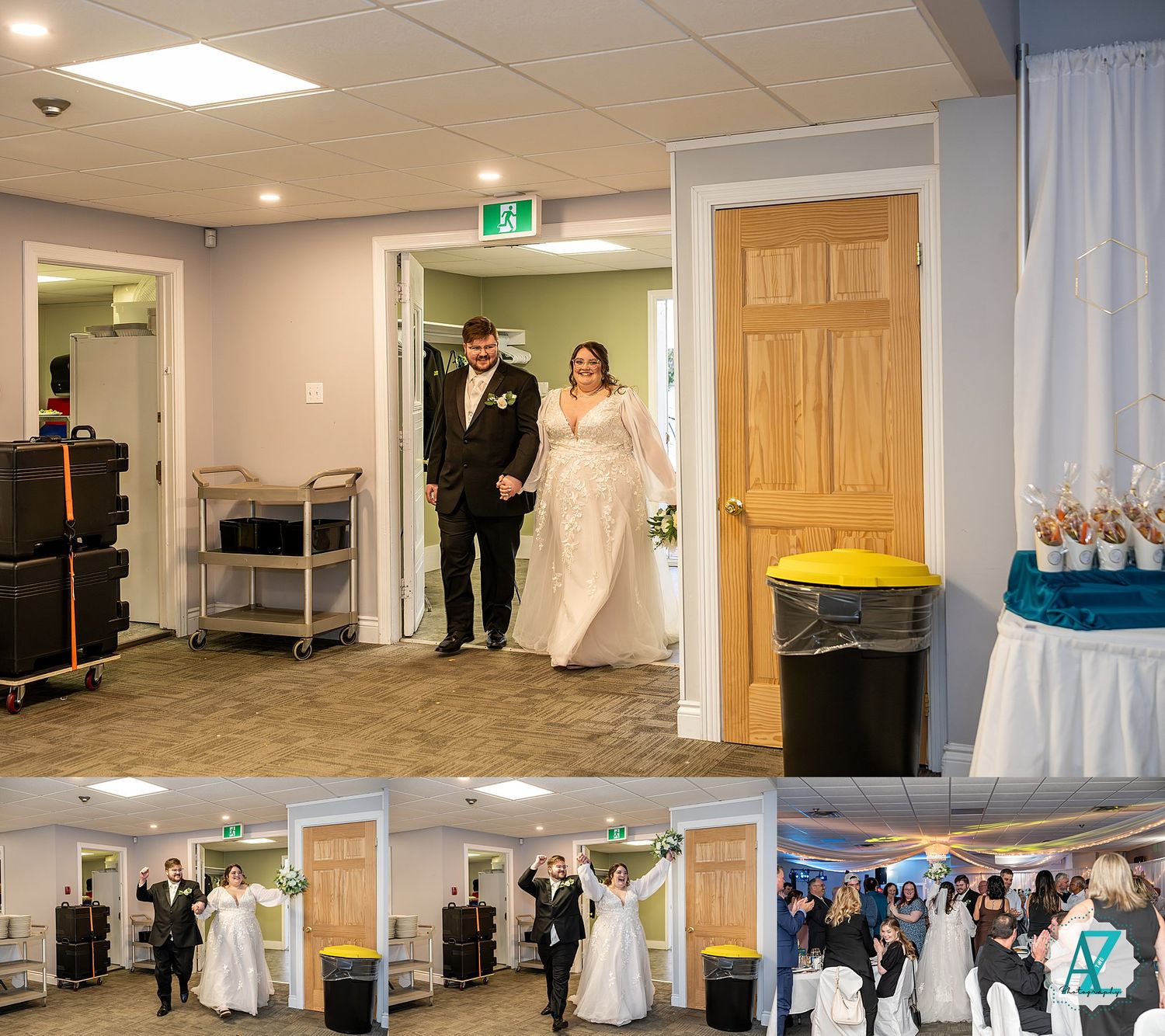 Wedding venue preparation showing multiple rooms with white curtains, dressing areas, and setup spaces for a special event.