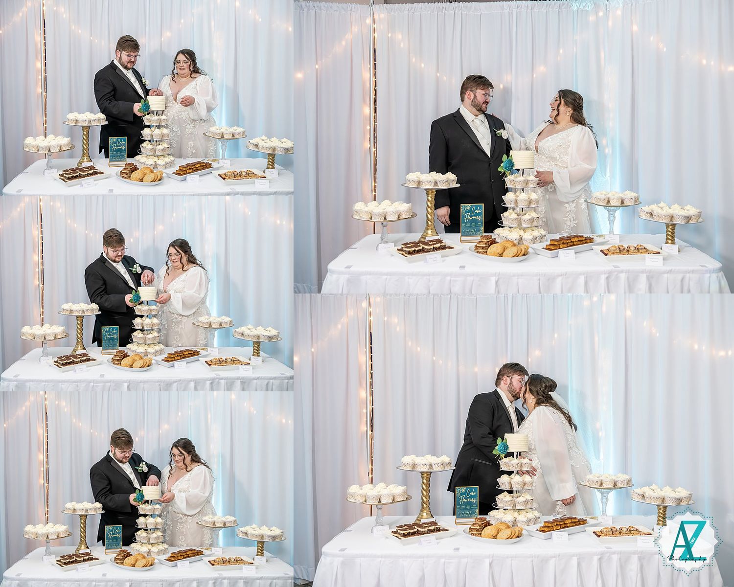 An elegant white wedding reception setup with chandeliers and couples sharing special moments.