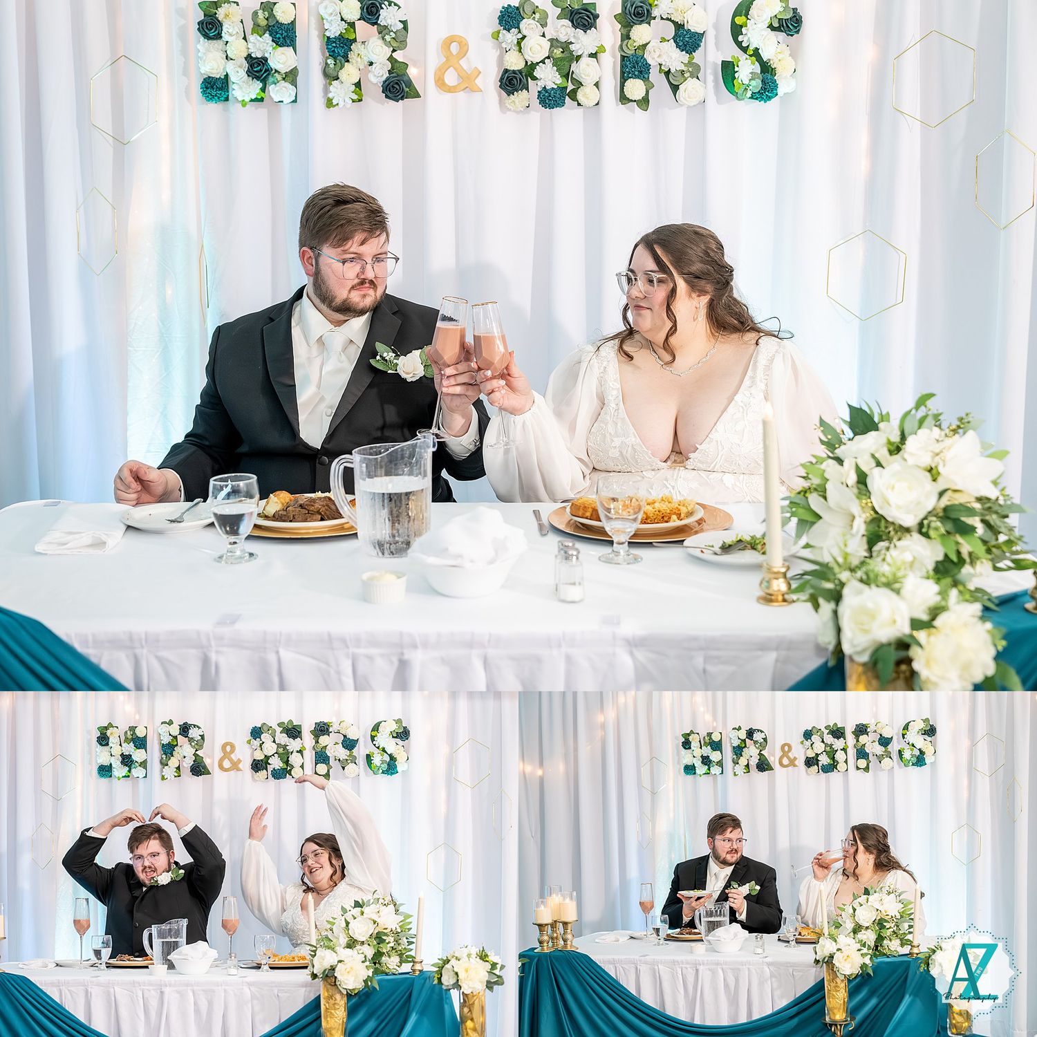 Wedding reception dinner setup with white linens and teal accents in elegant banquet hall.