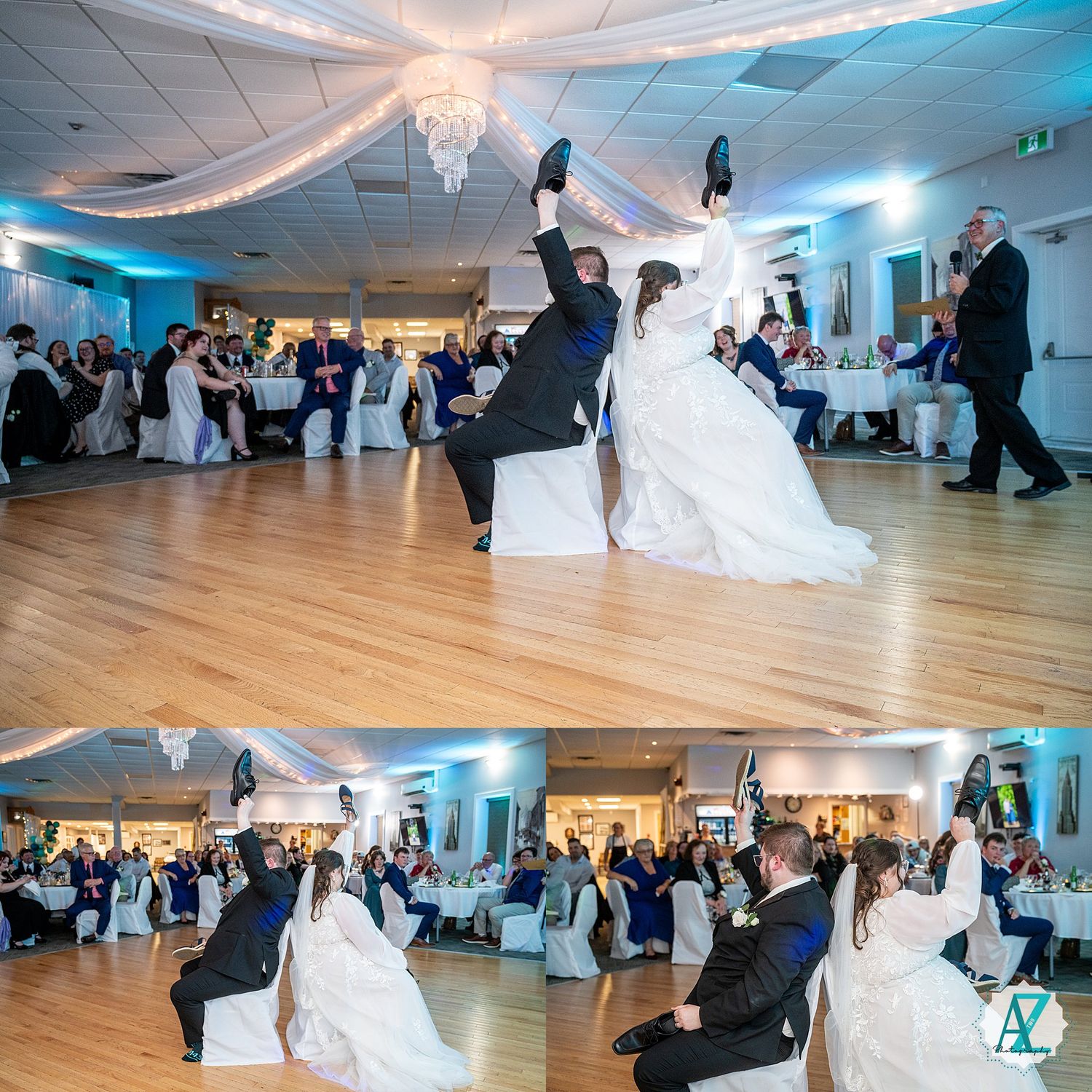 Wedding celebration in a modern ballroom with blue lighting and guests watching a special dance performance.