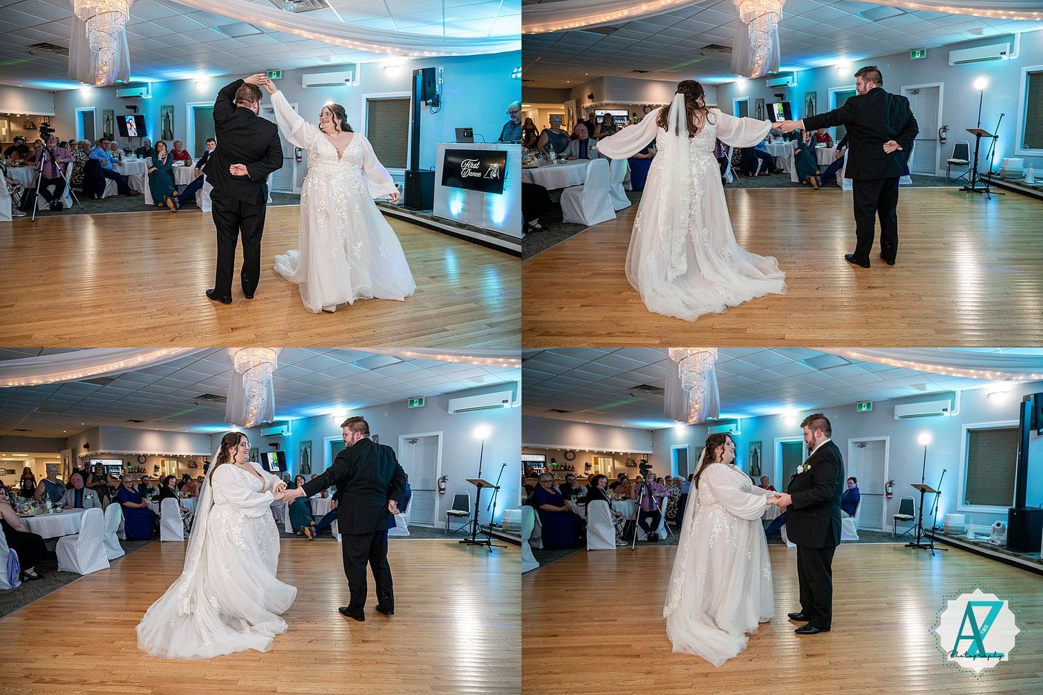Wedding couple dancing in a ballroom with blue lighting and chandeliers during their first dance.