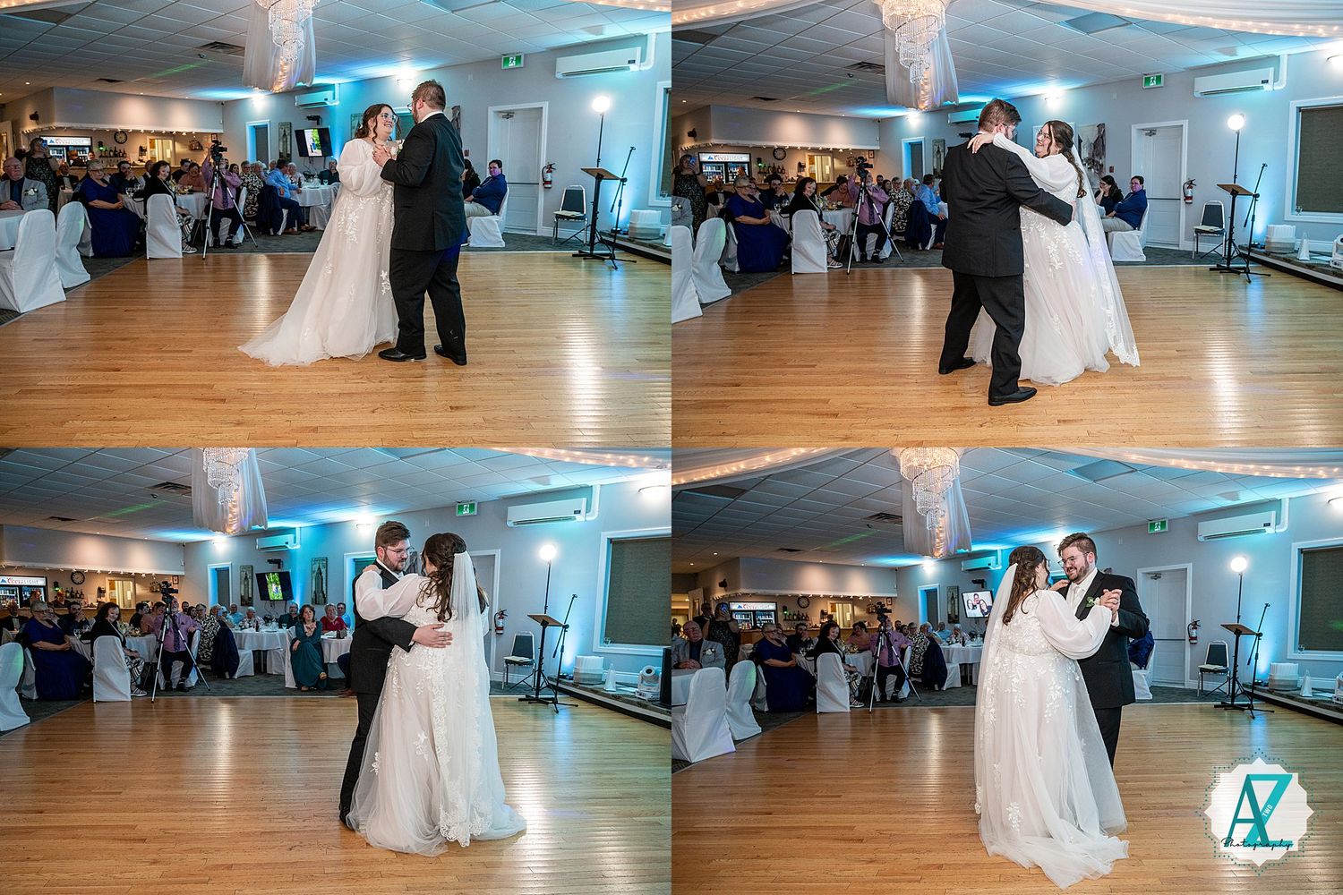 Wedding dance sequence on a large wooden floor with blue accent lighting.