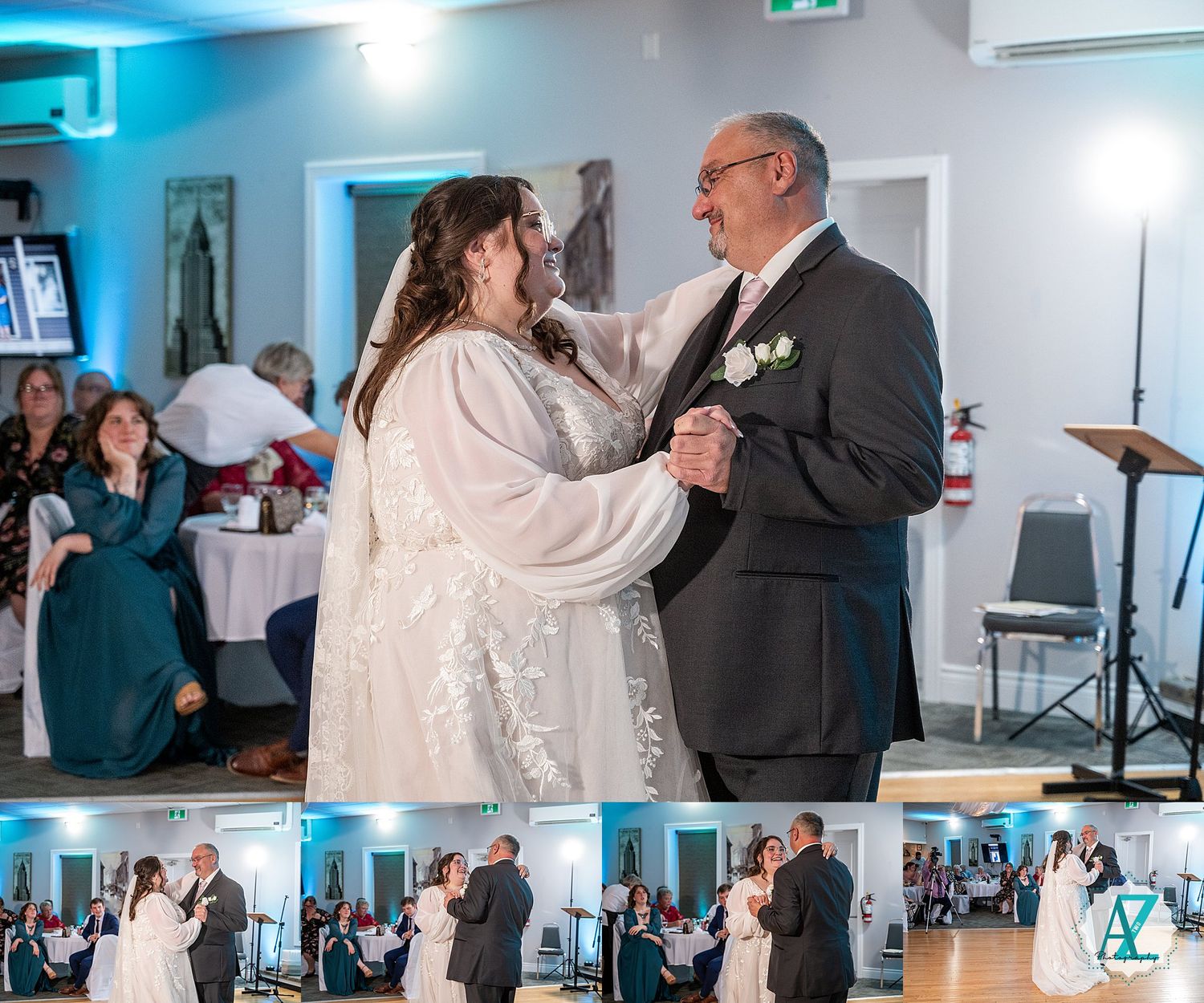 A couple shares their first dance together at a wedding reception in a blue-lit venue.