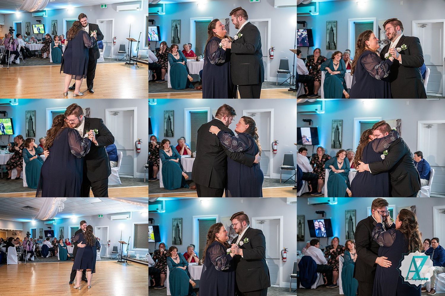 Multiple dance moments captured during a wedding reception with blue ambient lighting.