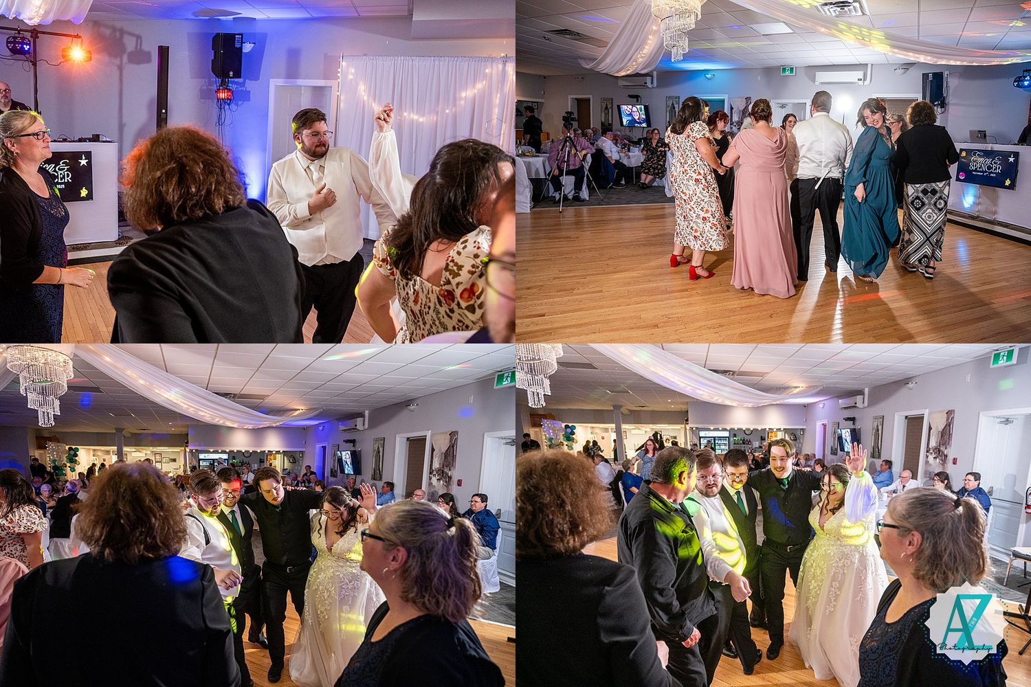 Wedding reception dance floor filled with guests celebrating under blue ambient lighting.