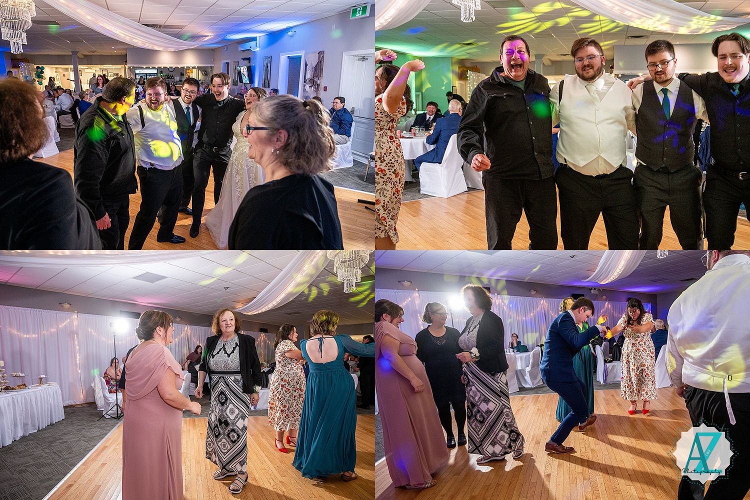 Wedding reception dance floor filled with guests enjoying the celebration under colorful lighting.
