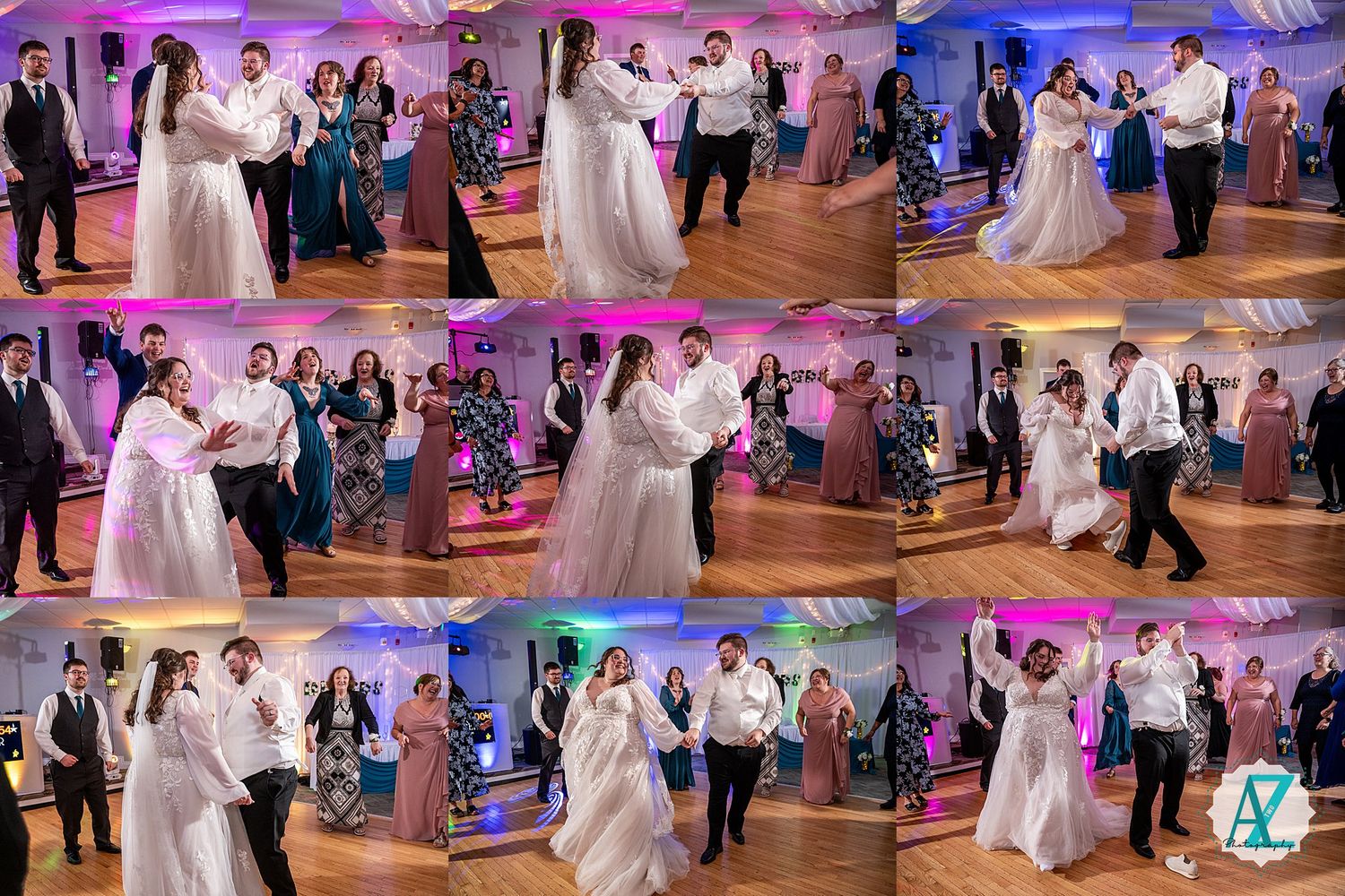 Wedding guests dance together at a reception with colorful pink and blue lighting on the dance floor.