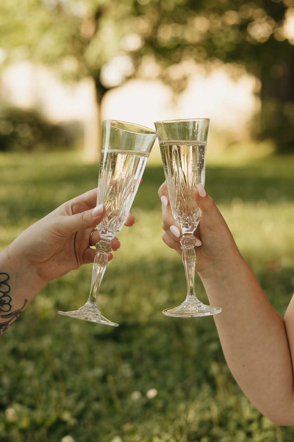 Two hands holding crystal champagne glasses clink together in a celebratory toast against a sunlit garden background.