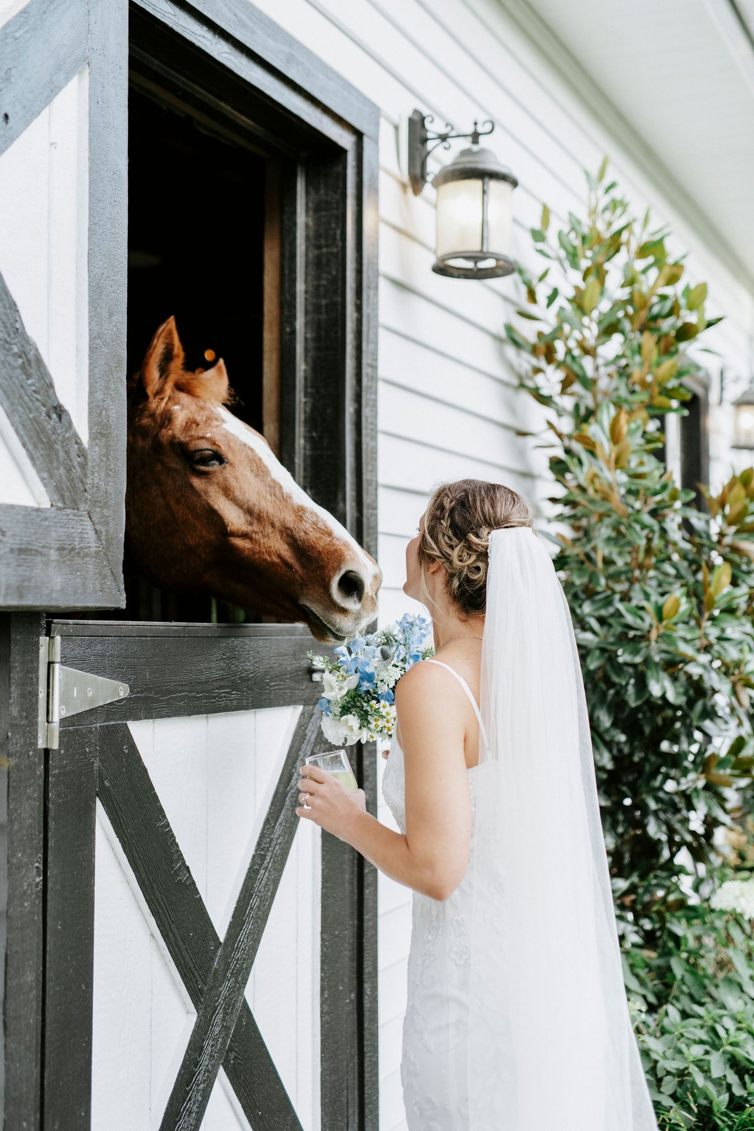 A bride in a white wedding dress and veil holds a blue bouquet while visiting with a curious horse in a stable doorway.