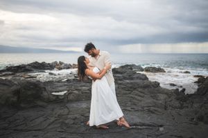 Proposal engagement couple sunset photo at Ironwood beach  Maui Hawaii