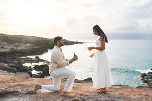 Proposal engagement couple sunset photo at Ironwood beach  Maui Hawaii