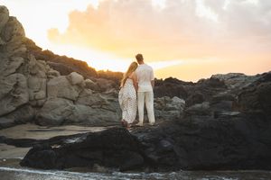 Proposal engagement couple sunset photo at Ironwood beach  Maui Hawaii