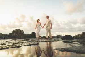 Proposal engagement couple sunset photo at Ironwood beach  Maui Hawaii