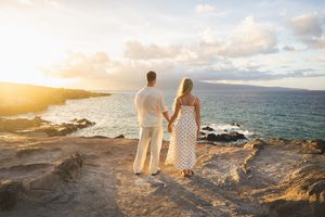 Proposal engagement couple sunset photo at Ironwood beach  Maui Hawaii
