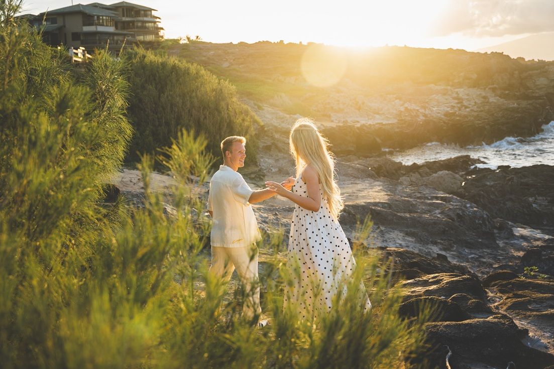 Proposal engagement couple sunset photo at Ironwood beach  Maui Hawaii