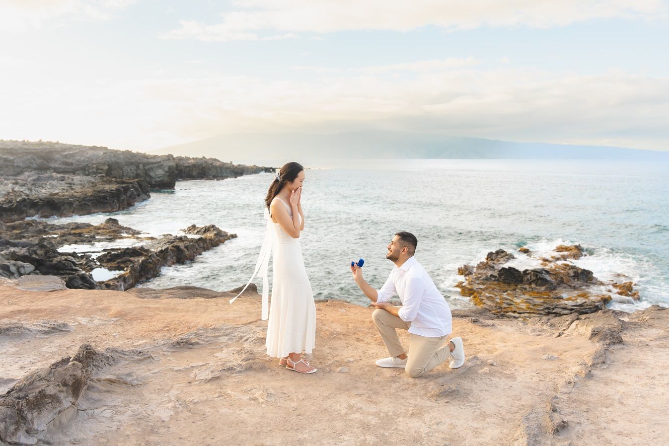 Proposal engagement couple sunset photo at Ironwood beach  Maui Hawaii