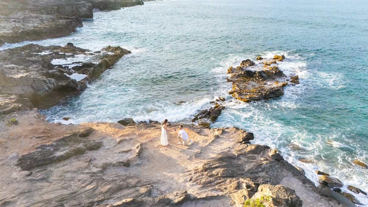 Proposal engagement couple sunset photo at Ironwood beach  Maui Hawaii