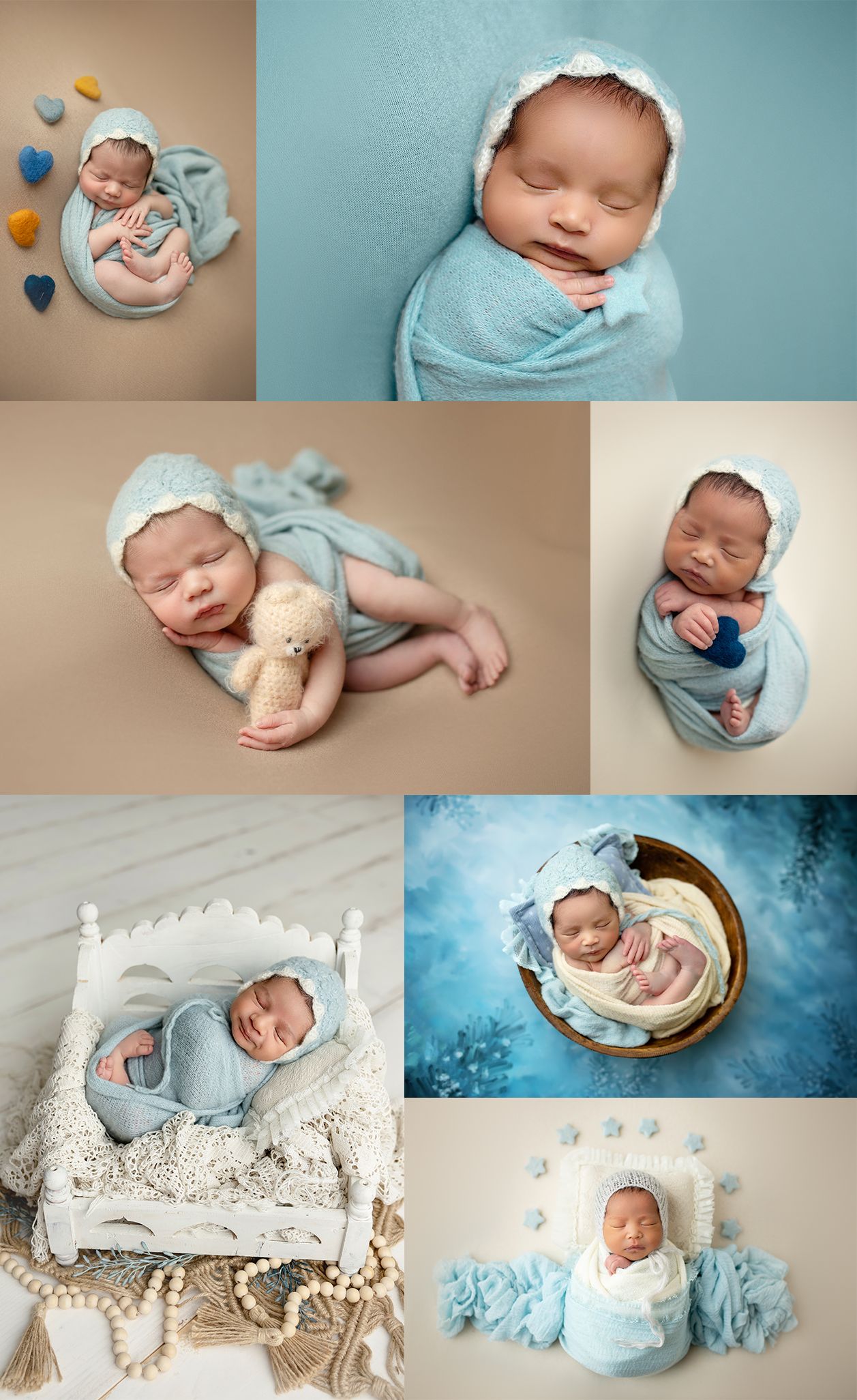 Professional newborn photography collection featuring babies in soft blue and white settings with delicate props.