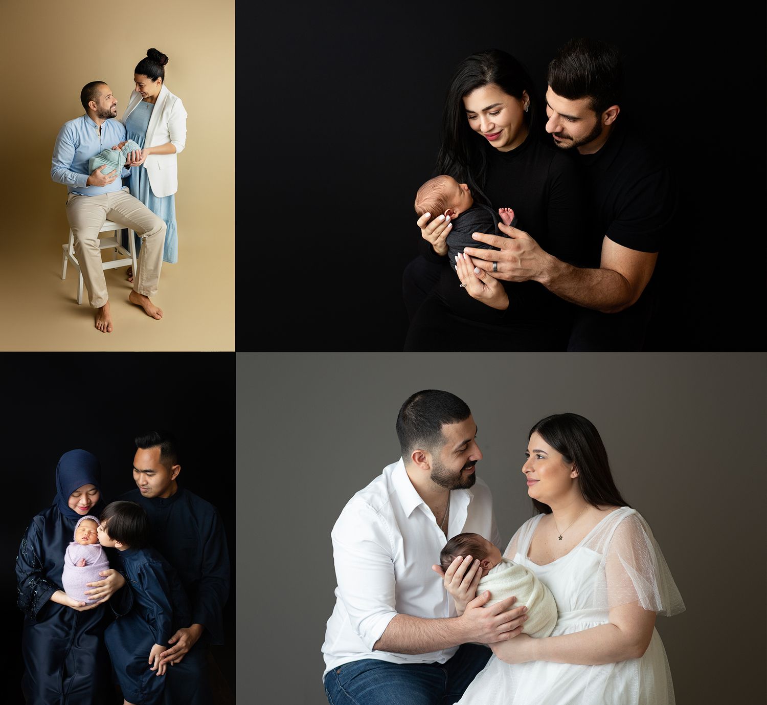 A collection of intimate maternity and newborn photography moments captured in dark and light tones.