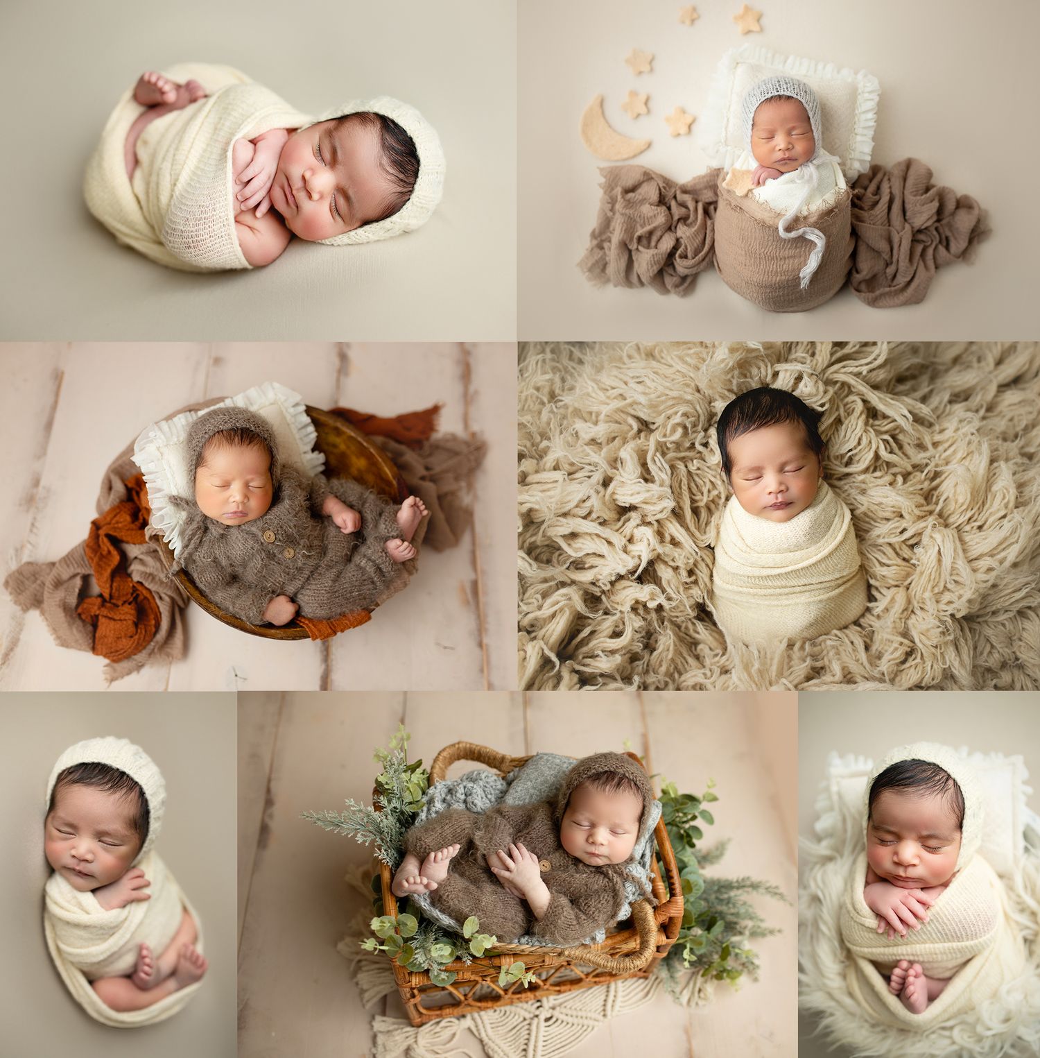 Professional newborn photography collage featuring baby portraits with rustic props and natural textures.
