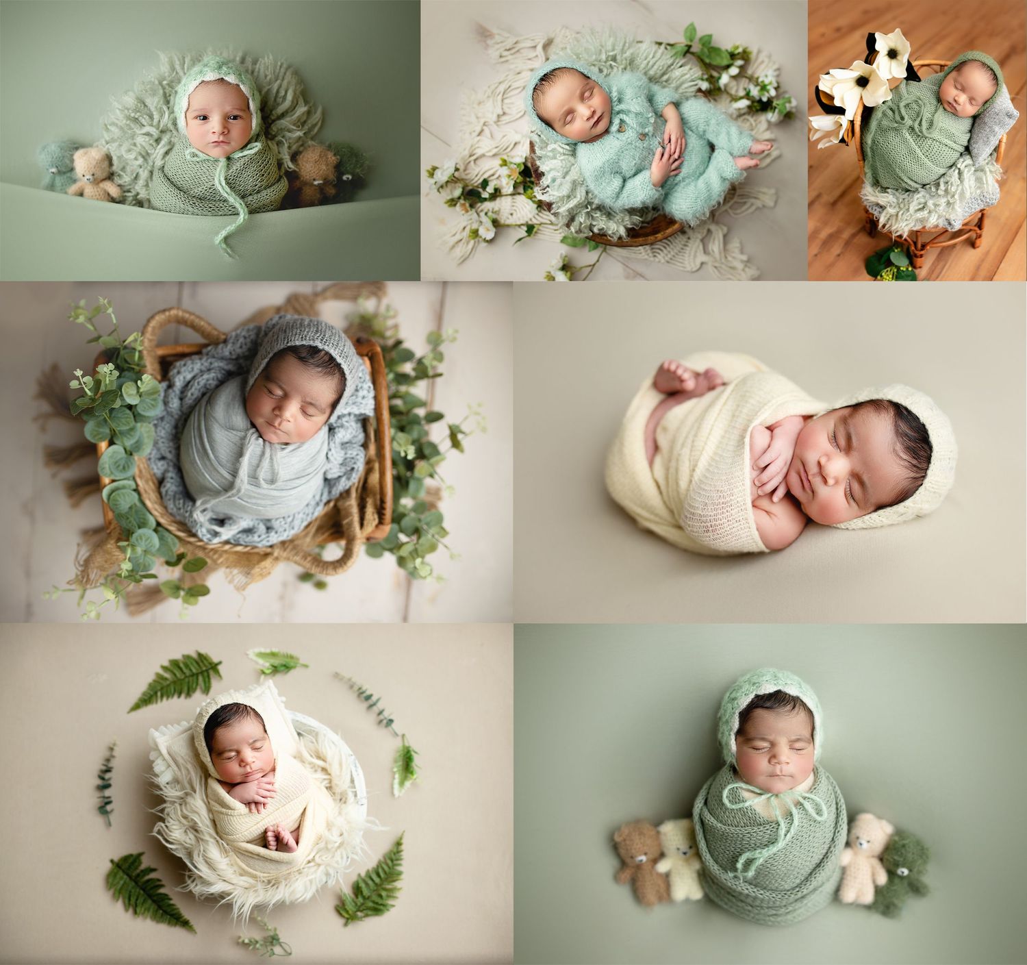 Newborn photography session featuring soft mint and white tones with delicate floral and eucalyptus accents in natural light.