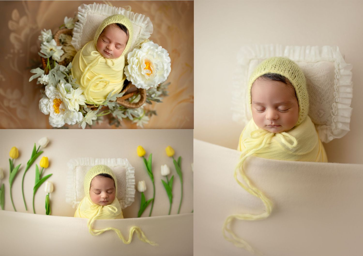 A delicate newborn photography series featuring soft yellow roses and white floral arrangements on cream backgrounds.