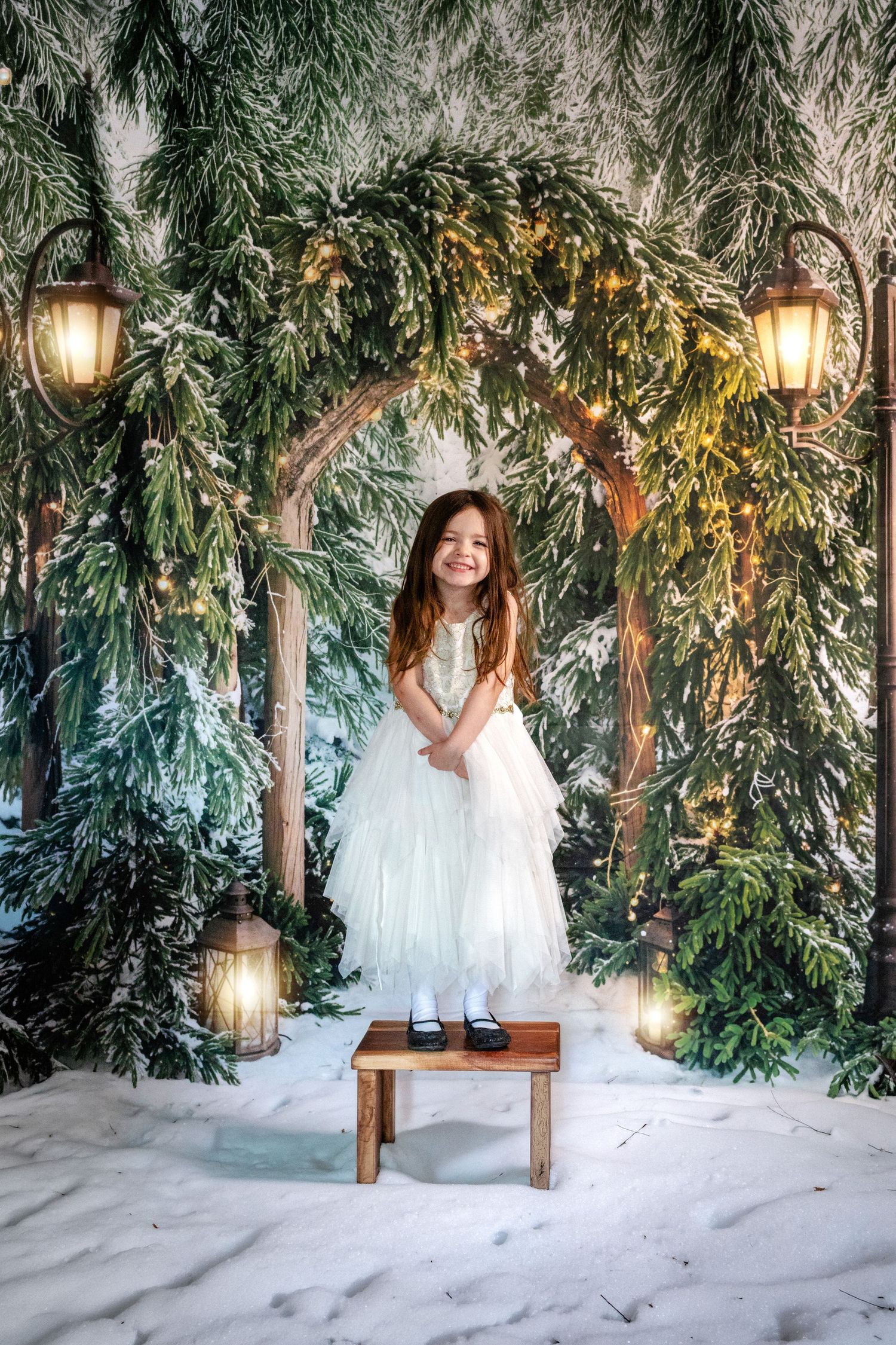 Elegant wedding venue with white archways decorated with twinkling Christmas lights and festive holiday greenery.