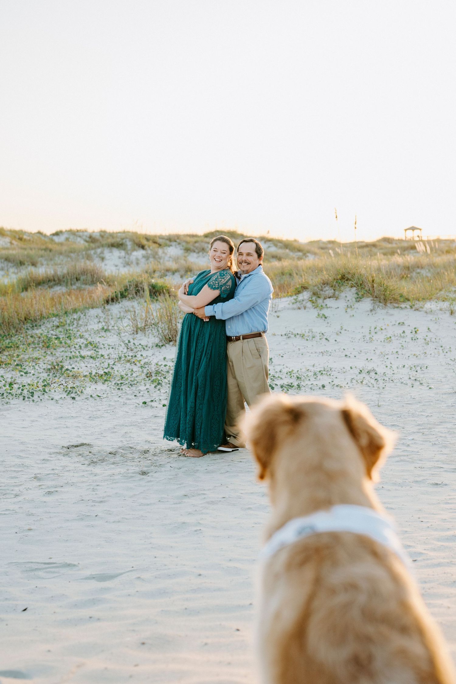 A golden retriever watches a couple embracing on a sandy beach during sunset.