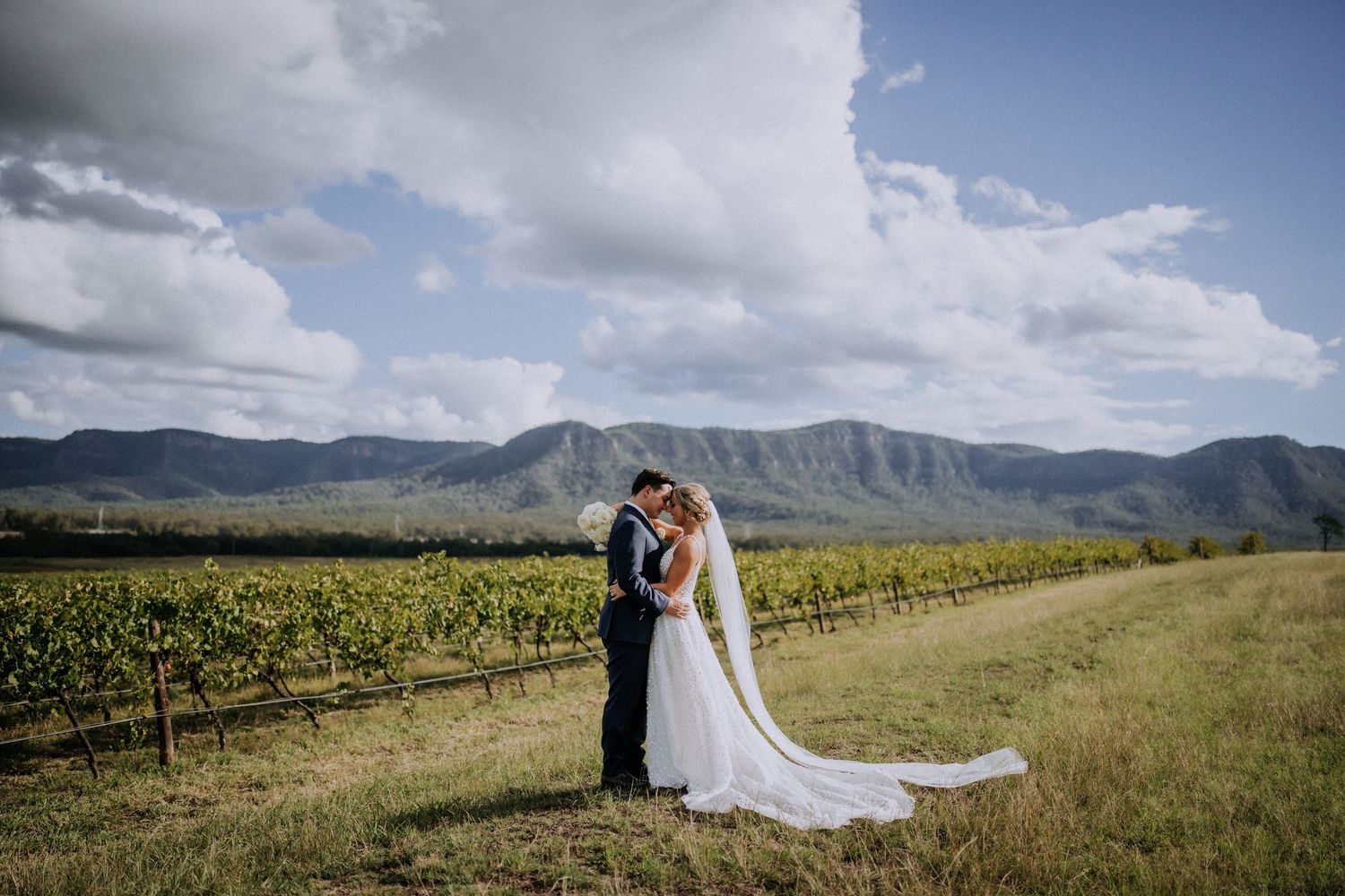 Newlyweds pose in front of mountain landscape with vineyard rows stretching into distance.