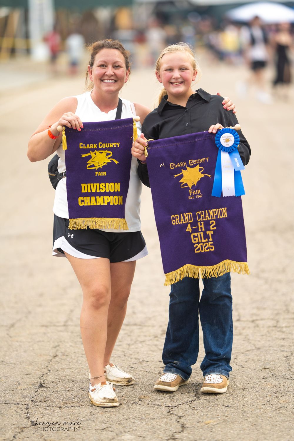 Display of purple and gold championship banners from a county fair competition.