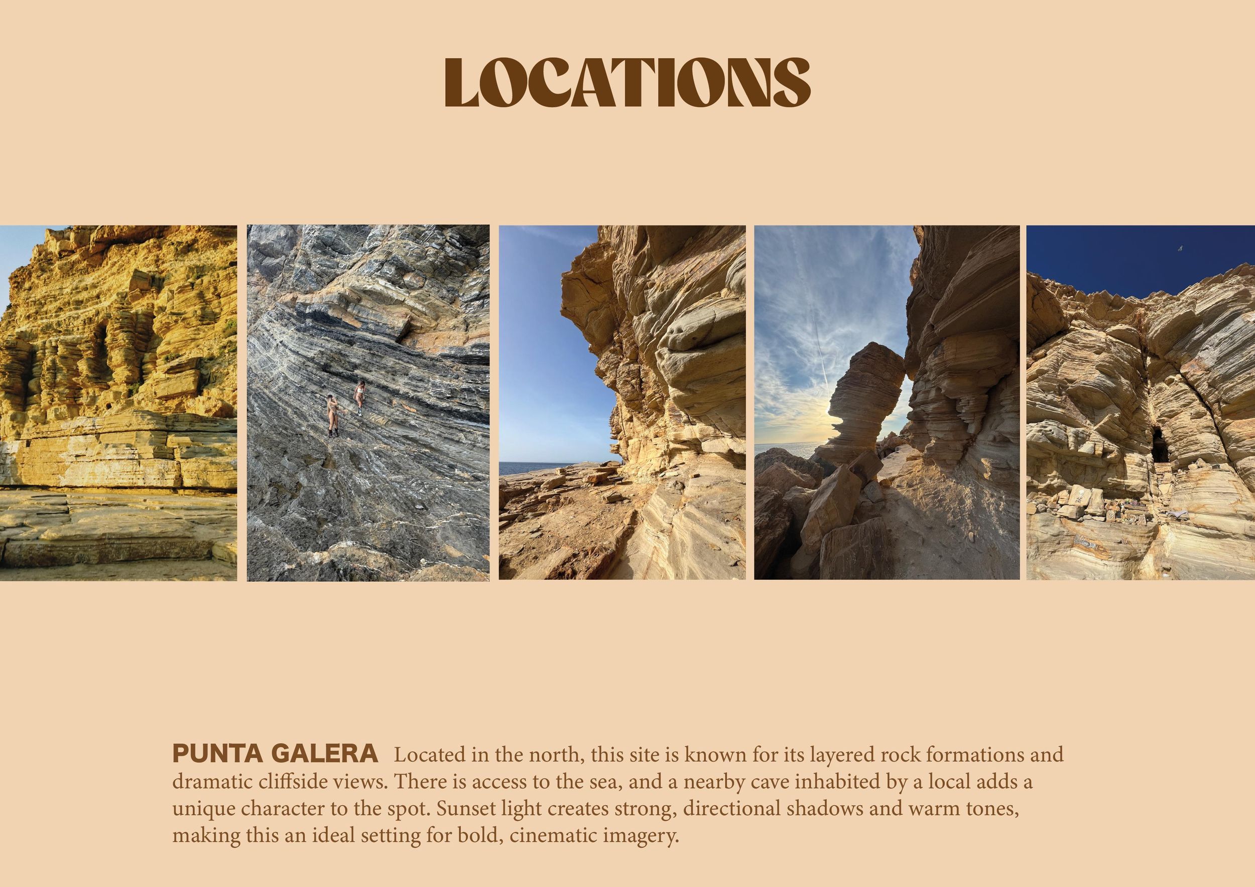 A horizontal strip of desert canyon and rock formation photographs with location text for Punta Galera.