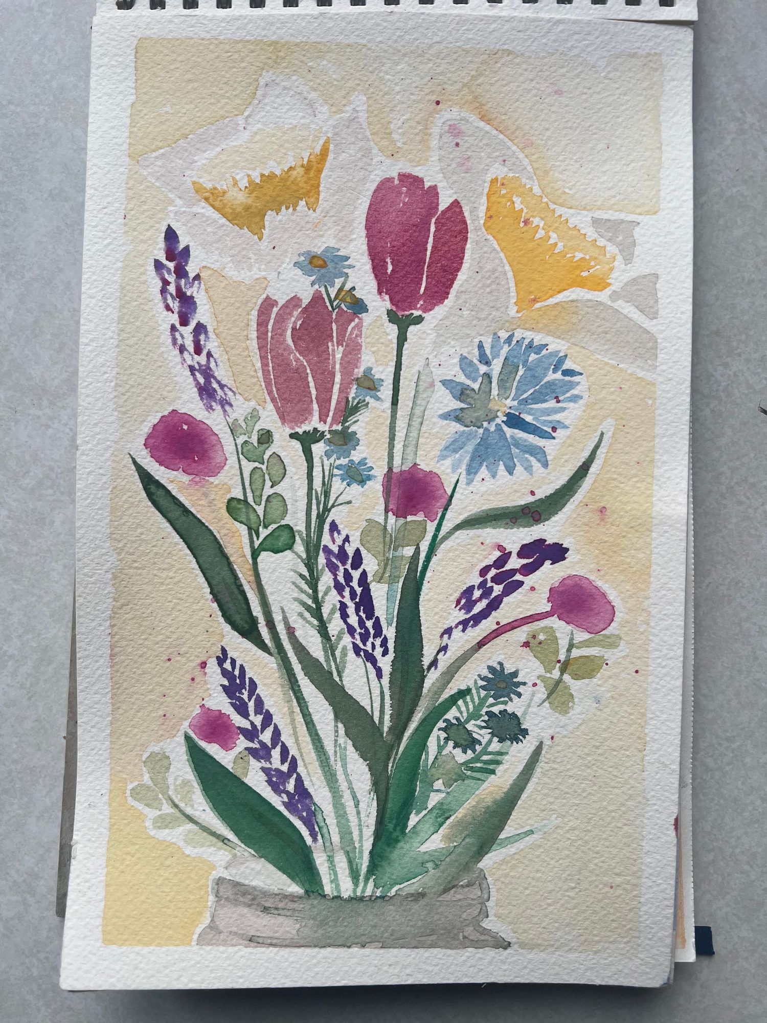 A series of four watercolor paintings showing delicate floral arrangements with tulips and lavender in soft purple and pink tones.