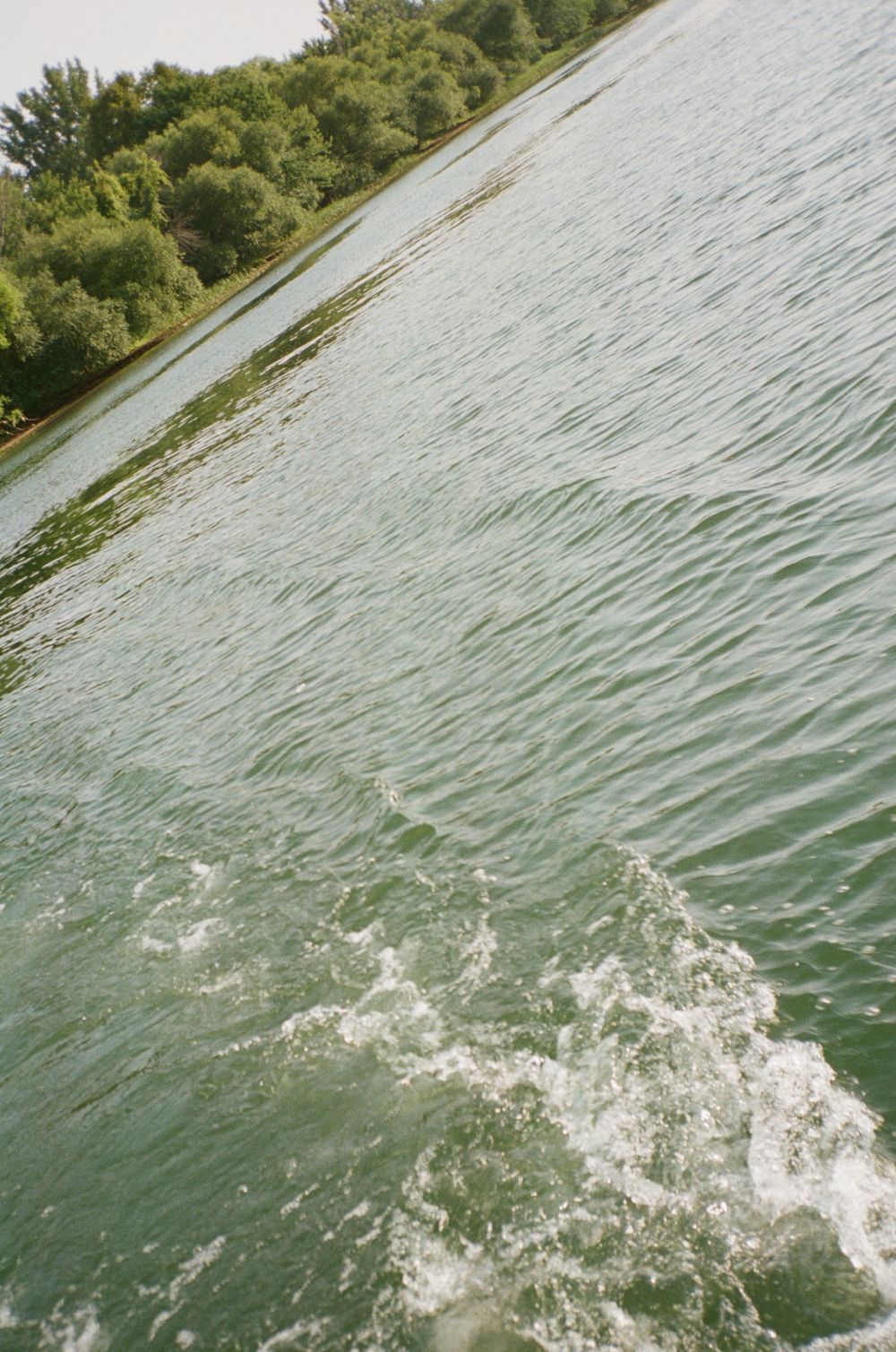 Rippling green water surface with splashing waves near a tree-lined shoreline on a cloudy day.