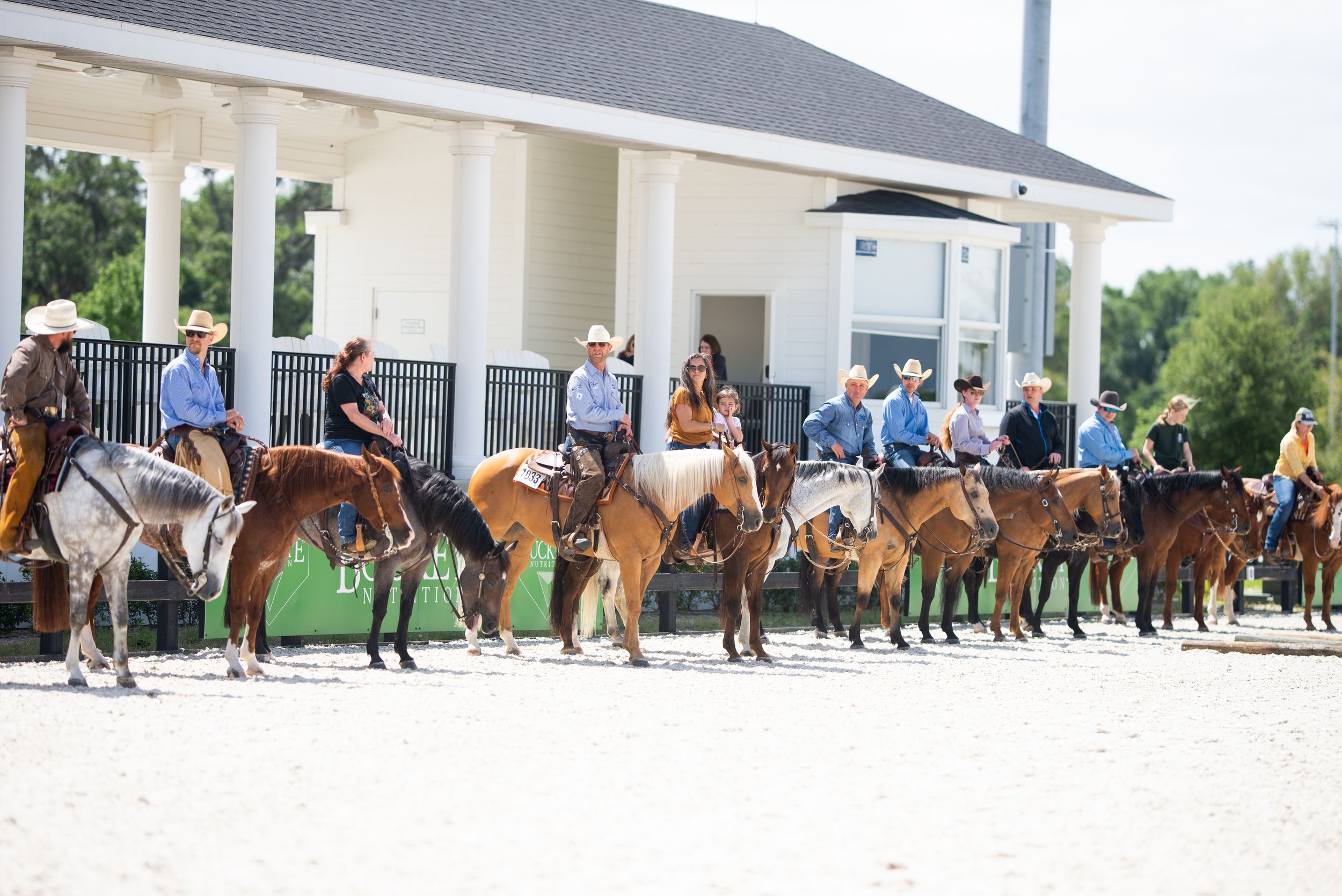 Line of horses and riders standing outside a white building during an equestrian event.