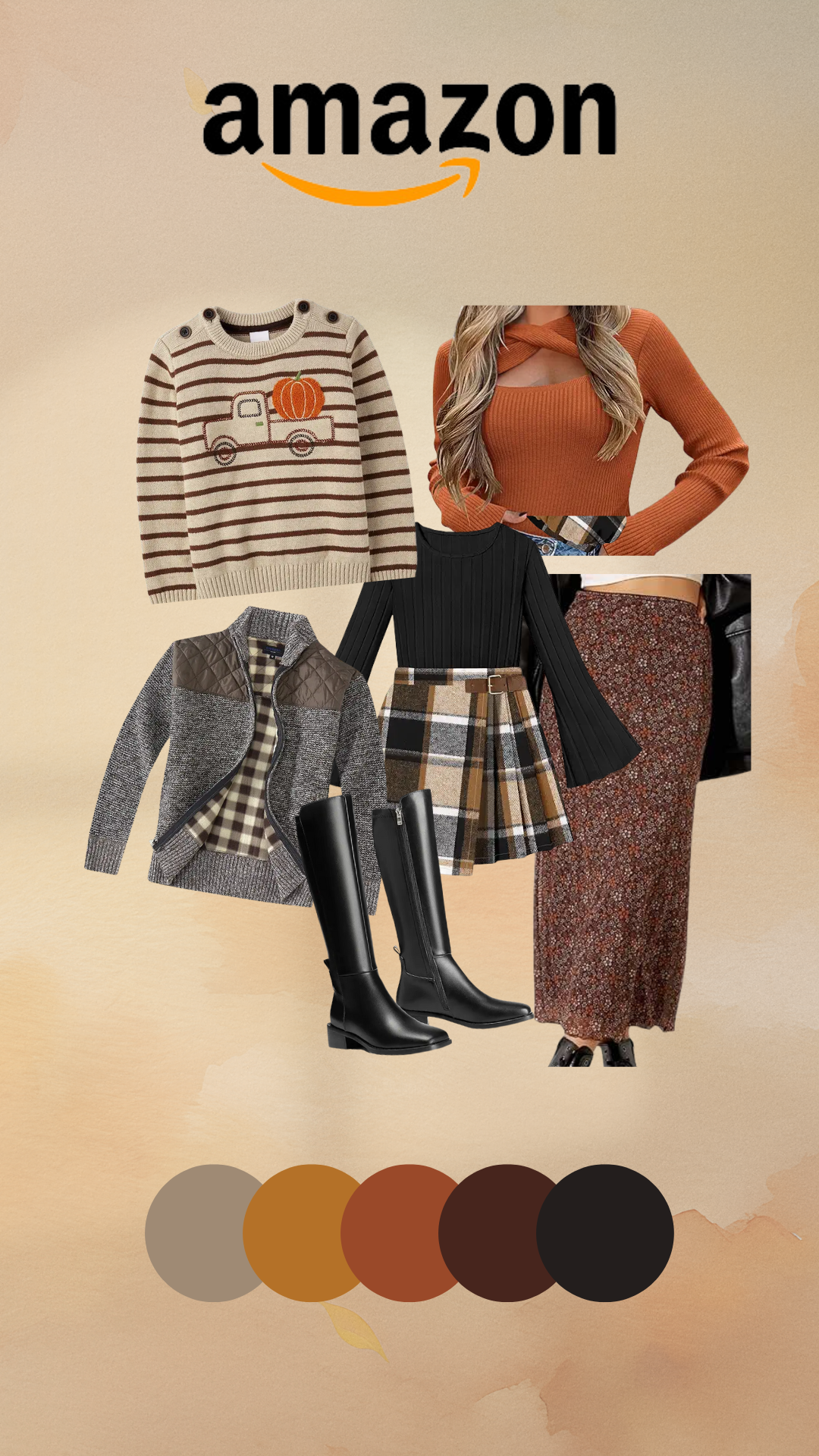 Stylish fall fashion collage featuring striped sweaters, leather boots, and midi skirts in warm autumn tones. fall outfits for family photo