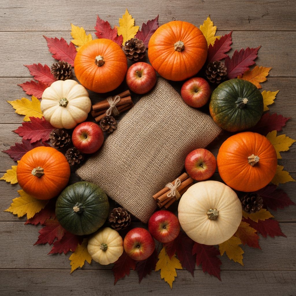 Autumn display with orange and white pumpkins surrounded by red maple leaves and apples on rustic wooden background.
