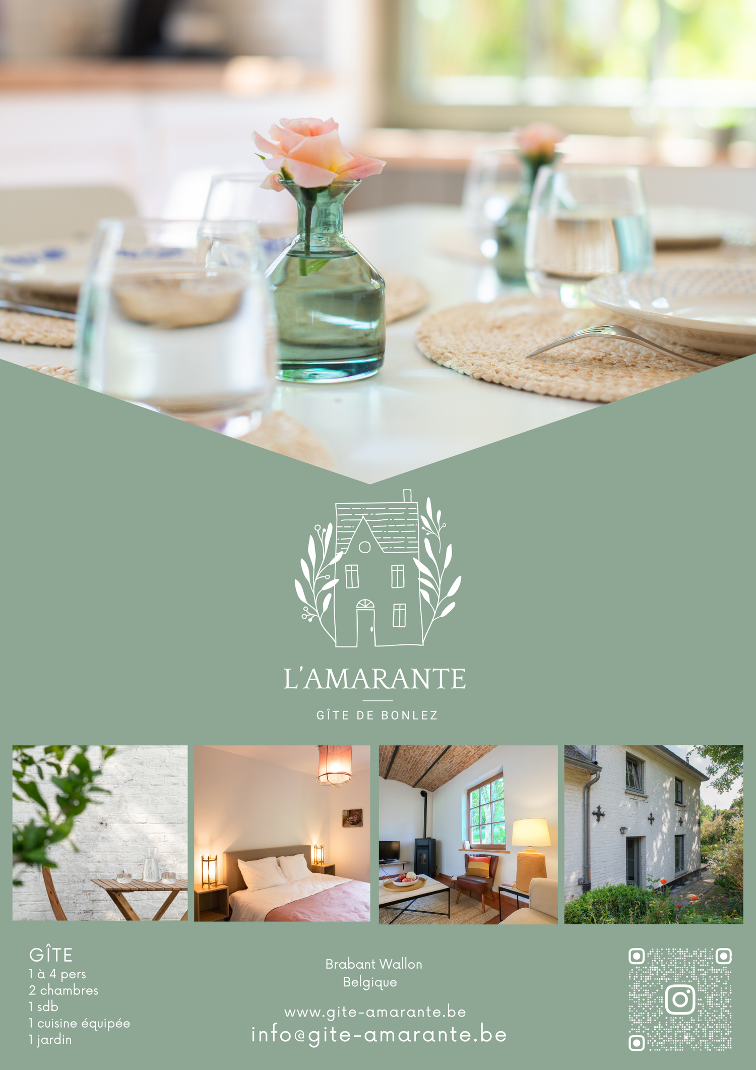 Elegant gite advertisement showing table setting with rose in glass vase and collage of interior and exterior property photos.