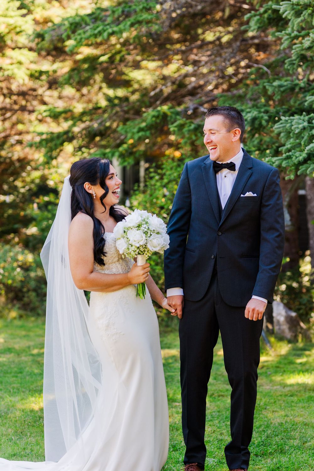 A series of outdoor wedding photos showing a couple in formal attire posing together in a garden setting.