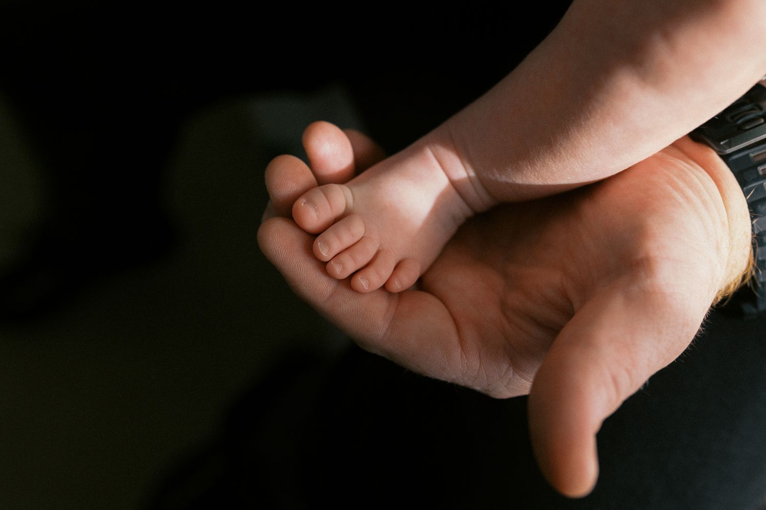 Close-up photo of baby feet being gently held by adult hands showing tender parental care.