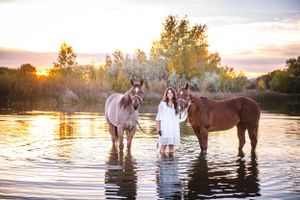 Two horses and a figure in a white dress stand in a serene lake at sunset with golden light reflecting on the water.